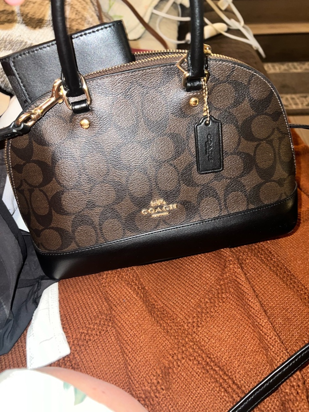 Coach Brown and Black Dome Satchel with Signature Pattern